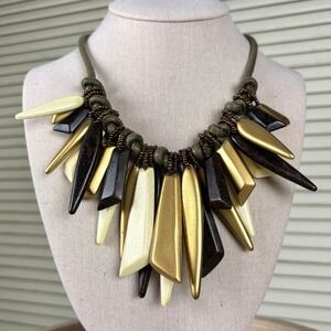 Anthropologie Gold Ivory Black Fringe Bib Necklace Statement Tribal Spike Boho